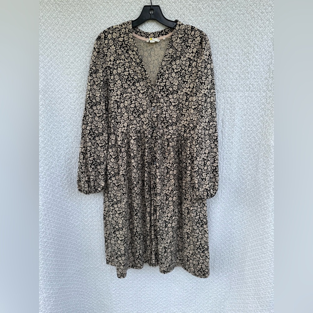 Boden Women’s Button  Floral V Neck Long Sleeve Knee Length Black Sz 12L Pockets
